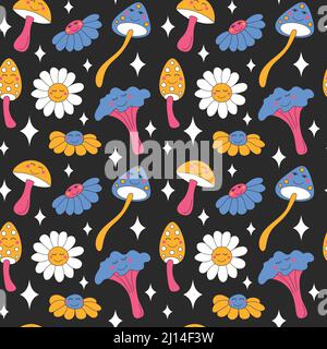 Retro mushrooms and sparkles on light background. Stock Vector
