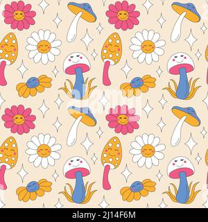 Retro mushrooms and sparkles on light background. Stock Vector