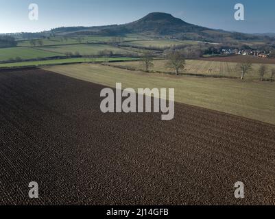 Aerial view to the site of Trimontium Roman fort complex by Newstead in the Scottish Borders. Most northerly fort in the Roman Empire Stock Photo