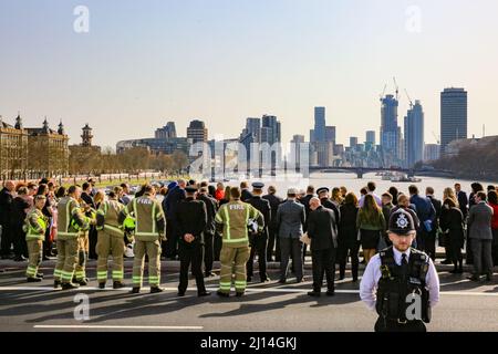 London, UK. 22nd Mar, 2022. General view of the unveiling on Westminster Bridge. A memorial plaque in memory of those who lost their lives in the acts of terrorism on Westminster Bridge and New Palace Yard on 22nd March, 2017, is unveiled on Westminster Bridge with a minute's silence, brief service and speeches. The event is attended by families and friends of the victims, as well as Priti Patel, Sadiq Khan, the police and emergency services and Members of Parliament. Credit: Imageplotter/Alamy Live News Stock Photo