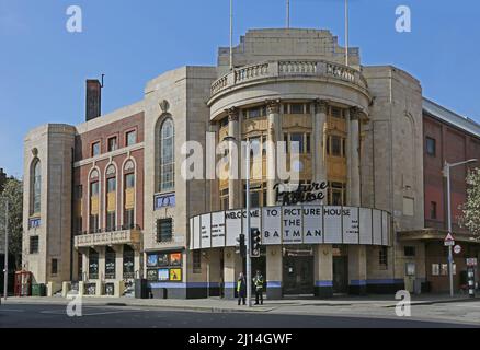 The Picturehouse cinema on Fulham Road, Chelsea, London, UK. Newly refurbished 1930s art deco cinema building. Stock Photo