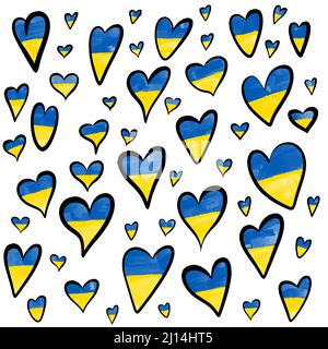 Ukraine flag icons in the shape of hearts on white background Stock Photo