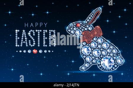 Easter bunny  with red bow. Made from gemstones diamonds with rhinestones isolated on a black background. Blue neon background. Vector illustration. Stock Vector