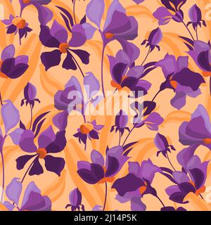 Vector floral seamless pattern. Violet and lilac flowers isolated on an orange background. Stock Vector