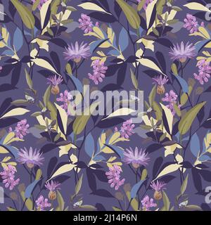 Vector floral seamless pattern with purple and violet flowers, berries and herbs.  Stock Vector