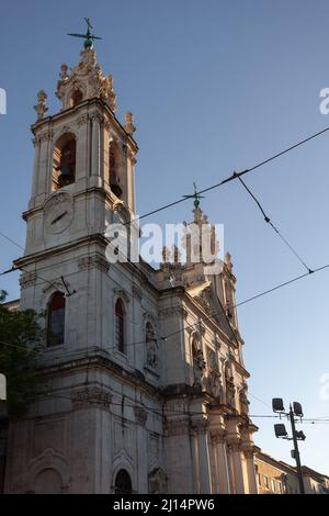 The twin bell towers of the Basilica da Estrela, the historical neoclassical church located in the centre of Lisbon, the capital city of Portugal. Stock Photo