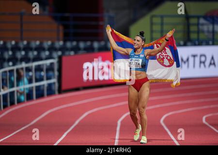 Ivana Vuleta Spanovic celebrating her victory with the Serbian flag at the Belgrade 2022 Indoor World Championships. Stock Photo