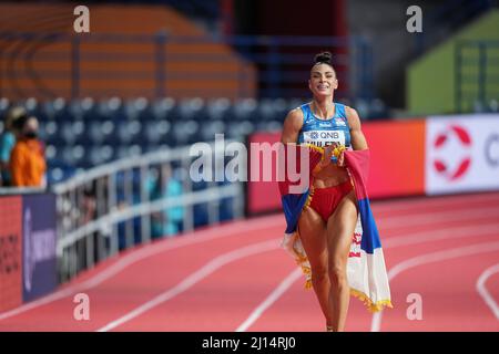 Ivana Vuleta Spanovic celebrating her victory with the Serbian flag at the Belgrade 2022 Indoor World Championships. Stock Photo