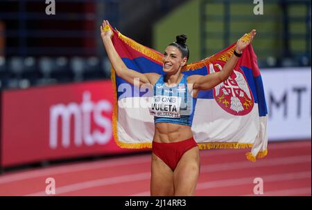 Ivana Vuleta Spanovic celebrating her victory with the Serbian flag at the Belgrade 2022 Indoor World Championships. Stock Photo
