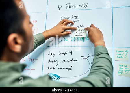 He is all about the calculations. Over the shoulder shot of a focused young businessman putting a sticky note on a white board in the office during Stock Photo