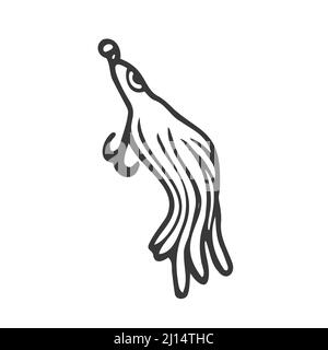 Doodle fishing lure. Abstract contemporary fishery baits of different sizes and shapes for angler. Colored hand drawn fisher accessories with hooks. Stock Vector