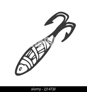 Doodle fishing lure. Abstract contemporary fishery baits of different sizes and shapes for angler. Colored hand drawn fisher accessories with hooks. Stock Vector