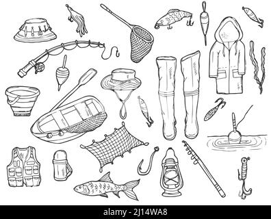 Doodle Fishing set. Fishing and Camping stuff in vector. Hand drawn illustration. Stock Vector