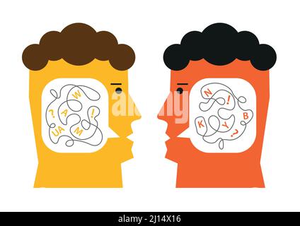 Impossibility of dialogue, unable to empathize with others, psychology concept. Illustration of Stylized Male Heads with speech bubble inside. Stock Vector