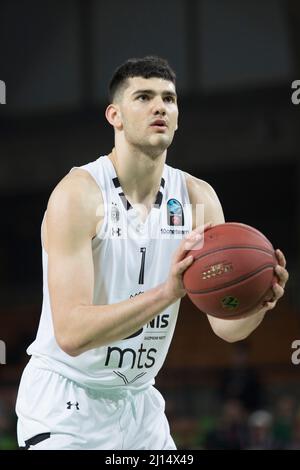 Wroclaw, Poland, March 22nd, 2022. 7DAYS EuroCup: WKS Slask Wroclaw (green shirts) vs Partizan NIS Belgrade (white shirts) in Centennial Hall. Pictured:  Tristan Vuckevic (1) © Piotr Zajac/Alamy Live News Stock Photo