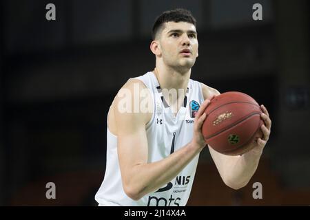 Wroclaw, Poland, March 22nd, 2022. 7DAYS EuroCup: WKS Slask Wroclaw (green shirts) vs Partizan NIS Belgrade (white shirts) in Centennial Hall. Pictured: Tristan Vuckevic (1)  © Piotr Zajac/Alamy Live News Stock Photo