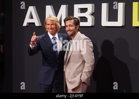 Berlin, Germany. 22nd Mar, 2022. Actor Jake Gyllenhaal (l) and director Michael Bay attend the premiere of the feature film 'Ambulance' at the Zoopalast. The film opens in German theaters on March 24, 2022. Credit: Jörg Carstensen/dpa/Alamy Live News Stock Photo