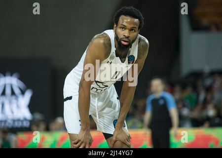 Wroclaw, Poland, March 22nd, 2022. 7DAYS EuroCup: WKS Slask Wroclaw (green shirts) vs Partizan NIS Belgrade (white shirts) in Centennial Hall. Pictured: Kevin Punter (0)  © Piotr Zajac/Alamy Live News Stock Photo