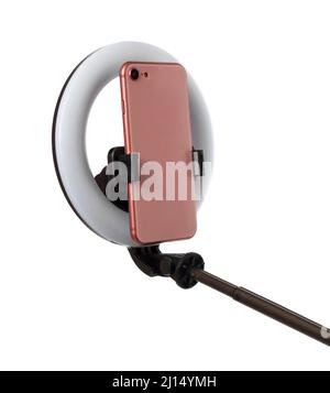 selfie ring lamp with phone isolated on white background Stock Photo