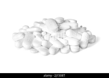 Selection of pills and tablets on pure white background, space for copy - Prophylaxis pills for cancer patients Stock Photo
