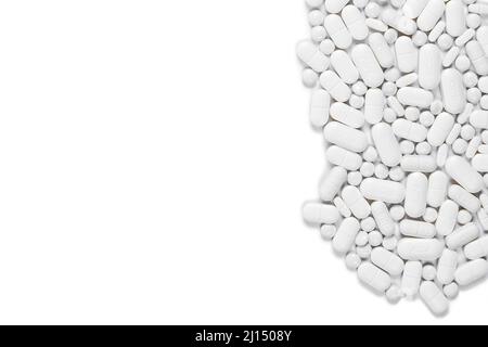 Selection of pills and tablets on white background, space for copy - Prophylaxis pills for cancer patients Stock Photo