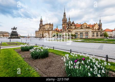 View of the ancient homes at old town. Historical scene. Location place residence kings of Saxony Dresden Castle (Residenzschloss or Schloss), Katholi Stock Photo