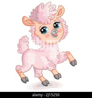 Funny smiling pink llama character. Cute animal in cartoon style. Vector illustration isolated on white background. For card, poster,design, stickers, Stock Vector