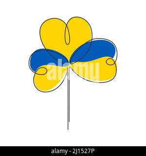 Clover leaf symbol in blue and yellow color of Ukrainian flag. Continuous line drawing of shamrock leaf. Hope and victory for Ukraine concept. Vector Stock Vector