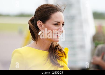 The Duchess of Cambridge arrive at Norman Manley International Airport in Kingston, Jamaica, on day four of their tour of the Caribbean on behalf of the Queen to mark her Platinum Jubilee. Picture date: Tuesday March 22, 2022. Stock Photo