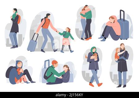 Refugees leaving country, people feeing from war conflict, immigrants with children, babies running away from humanitarian crisis, mothers with babies Stock Vector