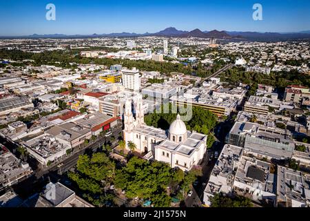 Aerial view of the cathedral and business district of Culiacan, the capital city of Sinaloa, Mexico. Stock Photo