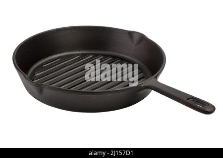 Empty cast iron grill frying pan isolated on white background with clipping path Stock Photo