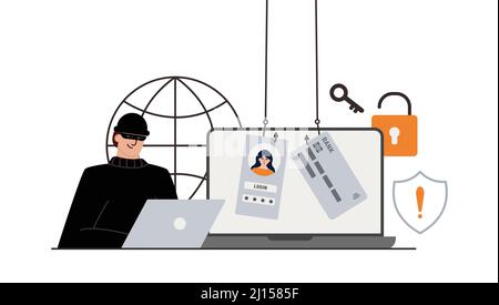 Hacker attack. Fraud with user data on social networks. Credit or debit card theft. Internet phishing, hacked username and password. Cybercrime and Stock Vector