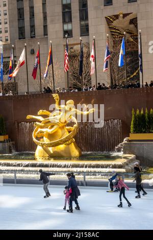 The iconic Statue of Prometheus is located in Rockefeller Center Plaza, New York City, USA 2022 Stock Photo
