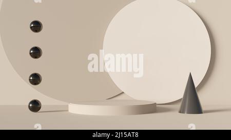 3D render beige background with empty round podium and black glass spheres Stock Photo