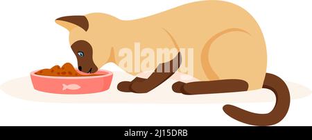 Hungry cat eating food from bowl. Siamese domestic cat having good appetite. Feeding pet with kibble or wet food. Flat style vector Stock Vector