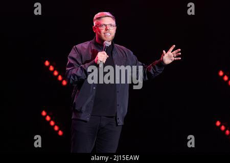 Rob Beckett performs on stage during the Teenage Cancer Trust Concert, Royal Albert Hall, London. Picture date: Tuesday March 22, 2022. Stock Photo