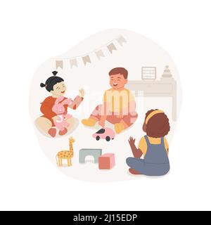 Interacting with other children isolated cartoon vector illustration. Social interaction of toddlers, children play together, emotional skills development, early childhood vector cartoon. Stock Vector