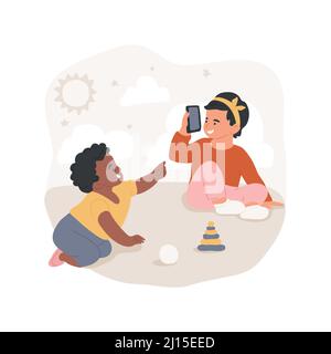 Real-world play isolated cartoon vector illustration. Toddlers play real-world, children using toy phone, pretend game, social and emotional skills, kindergarten activity vector cartoon. Stock Vector