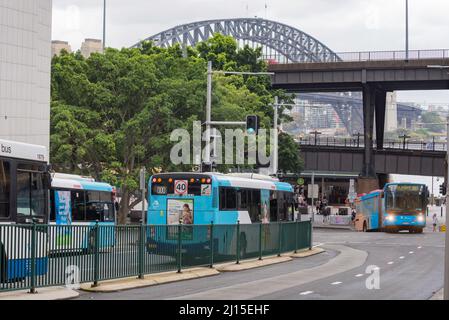 March 19, 2022: Four NSW State Transit Authority buses, all moving in Phillip Street, Sydney. On April 2nd all remaining services will be outsourced. Stock Photo