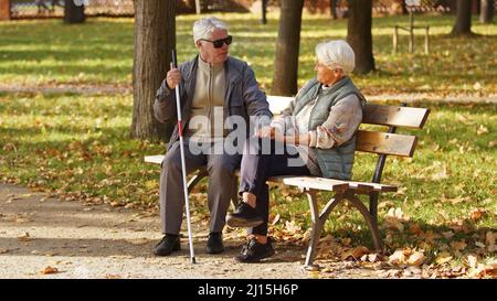 Elderly Caucasian couple sitting on the bench looking at each other in a park woman holds her husbands' hands disabled blind man with glasses and a stick blind people emotional support rehabilitation full shot selective focus park background . High quality photo Stock Photo