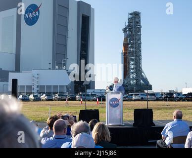 NASA Administrator Bill Nelson delivers remarks as the agency’s Space Launch System (SLS) rocket with the Orion spacecraft aboard rolls out of High Bay 3 of the Vehicle Assembly Building for the first time, Thursday, March 17, 2022, at NASA’s Kennedy Space Center in Florida. Ahead of NASA’s Artemis I flight test, the fully stacked and integrated SLS rocket and Orion spacecraft will undergo a wet dress rehearsal at Launch Complex 39B to verify systems and practice countdown procedures for the first launch. Photo Credit: (NASA/Keegan Barber) Stock Photo