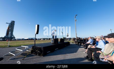 NASA Administrator Bill Nelson delivers remarks as the agency’s Space Launch System (SLS) rocket with the Orion spacecraft aboard rolls out of High Bay 3 of the Vehicle Assembly Building for the first time, Thursday, March 17, 2022, at NASA’s Kennedy Space Center in Florida. Ahead of NASA’s Artemis I flight test, the fully stacked and integrated SLS rocket and Orion spacecraft will undergo a wet dress rehearsal at Launch Complex 39B to verify systems and practice countdown procedures for the first launch. Photo Credit: (NASA/Keegan Barber) Stock Photo