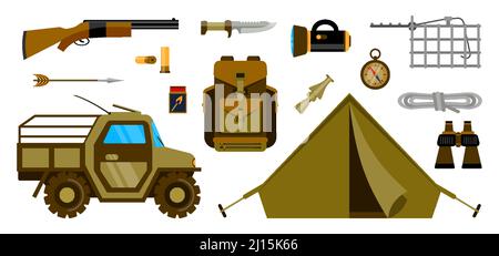 Hunting equipment rest hunter camouflage woodland flat set. Camping goods for forest hobby active sport wild adventure object nature. Miscellaneous weapon trap clothes vector illustration isolated Stock Vector
