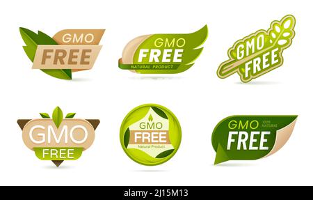 GMO free food vector icons or non genetically modified organism labels with green leaves and origami paper signs. Organic farm natural and healthy vegan meal, eco and bio product isolated symbols Stock Vector