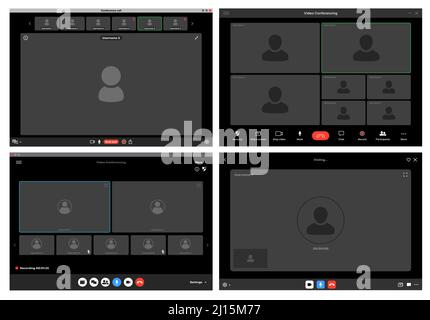 Videocall interface screen vector template, web chat ui. Video call windows of online conference or webinar with buttons and user icons, computer or mobile phone app, remote communication Stock Vector