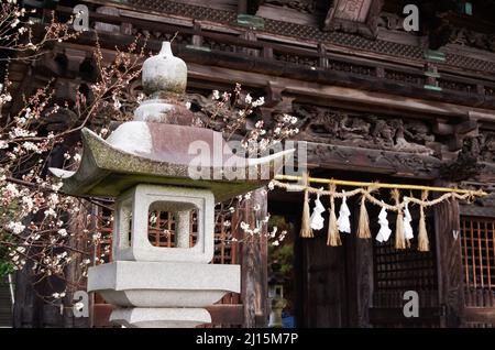iida, nagano, japan, 2022/03/03 , Detail of a Lantern at the beginning of spring 2022 at Suijin Gate, Hakusan Shrine. In Japan, a tōrō ( light basket, Stock Photo