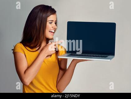 Itll be worth your while to check this out. Studio shot of an attractive young woman pointing to a laptop with a blank screen against a grey Stock Photo