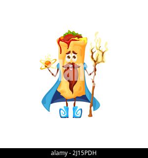 Cartoon Mexican burrito magician character with magic staff. Vector tortilla sandwich wizard or sorcerer personage with happy face, beard, mustache and magical fire ball, Mexican fast food emoji Stock Vector