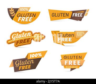 Gluten free cereal food icons, lables and banners, wheat grain vector symbol or stamp. Gluten free bread, allergy diet nutrition products sticker or menu sign for 100 percent gluten free guarantee Stock Vector